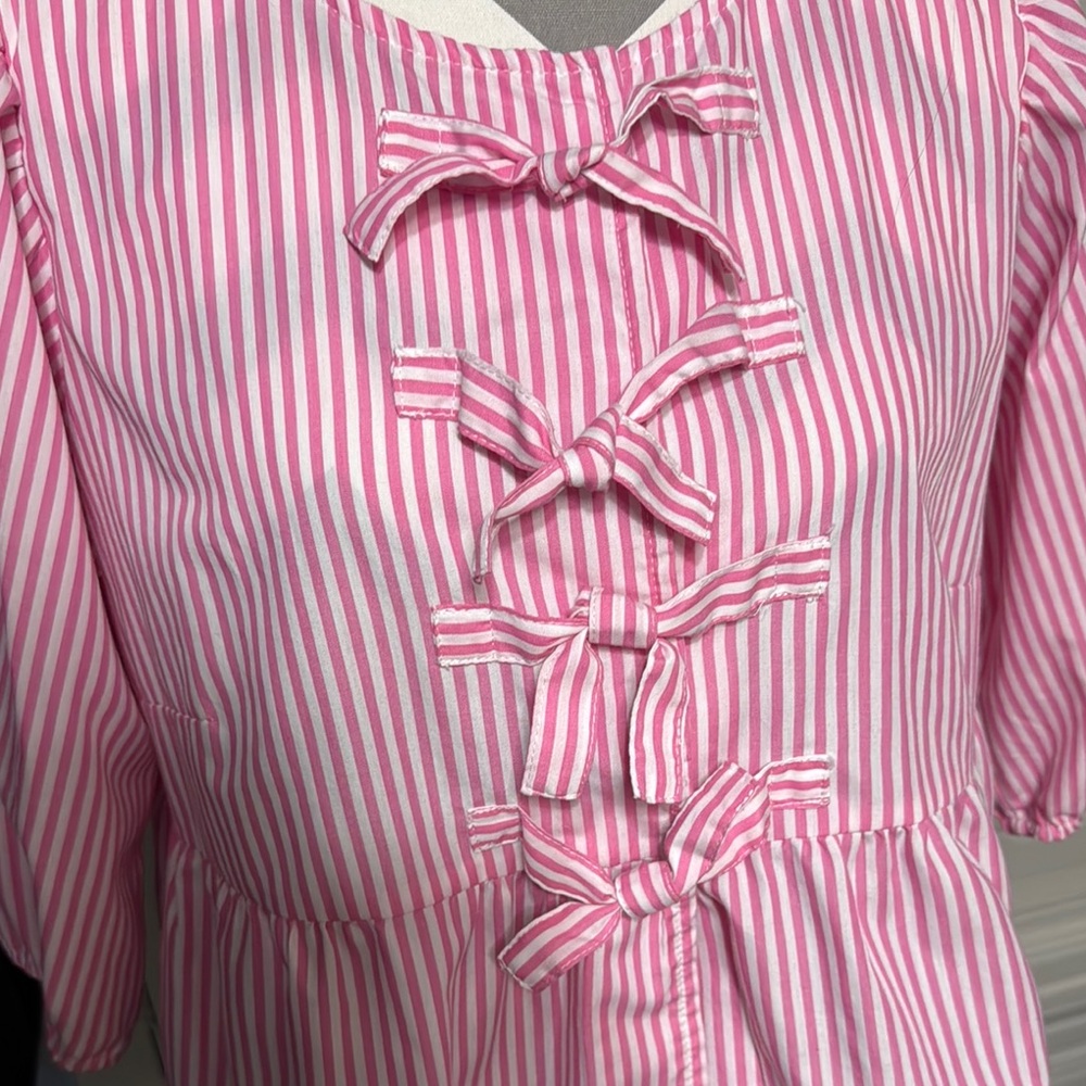 Velvet Heart Pink & White Striped Bow Blouse Size Large - Picture 2 of 13